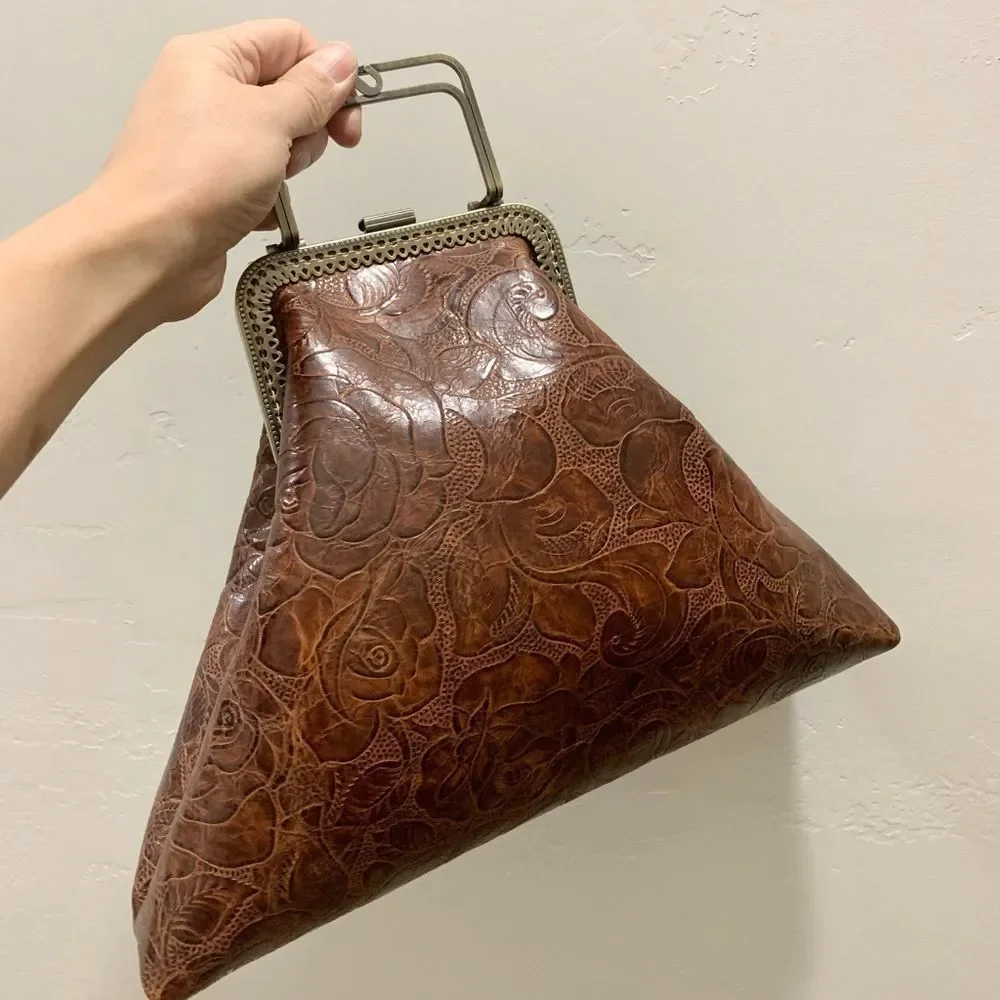 Brown Floral-Embossed Leather Shoulder Bag with Chain Handle